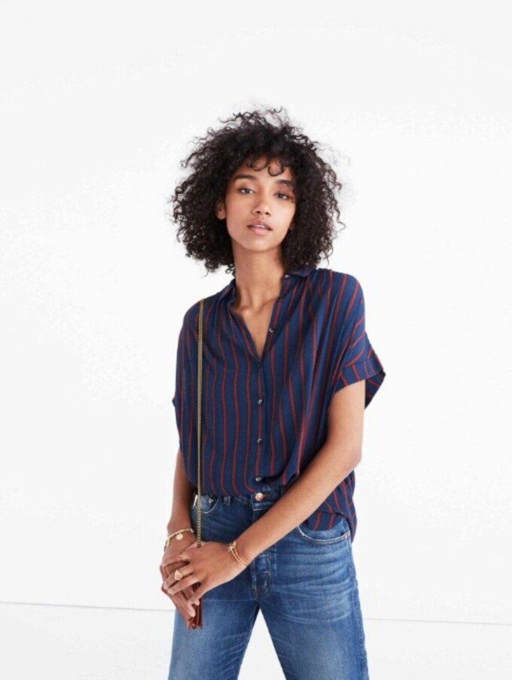 Madewell Striped Hi-Low Navy and Red Button-Up Short Sleeve Shirt - Size - XL